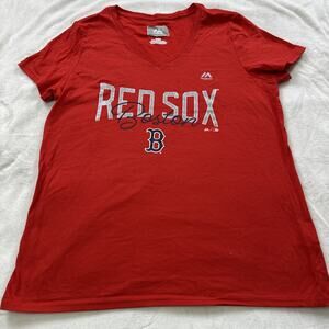 CUTE Womens MLB Baseball Boston‎ Red Sox Majestic V-Neck T-Shirt Red Size Large
